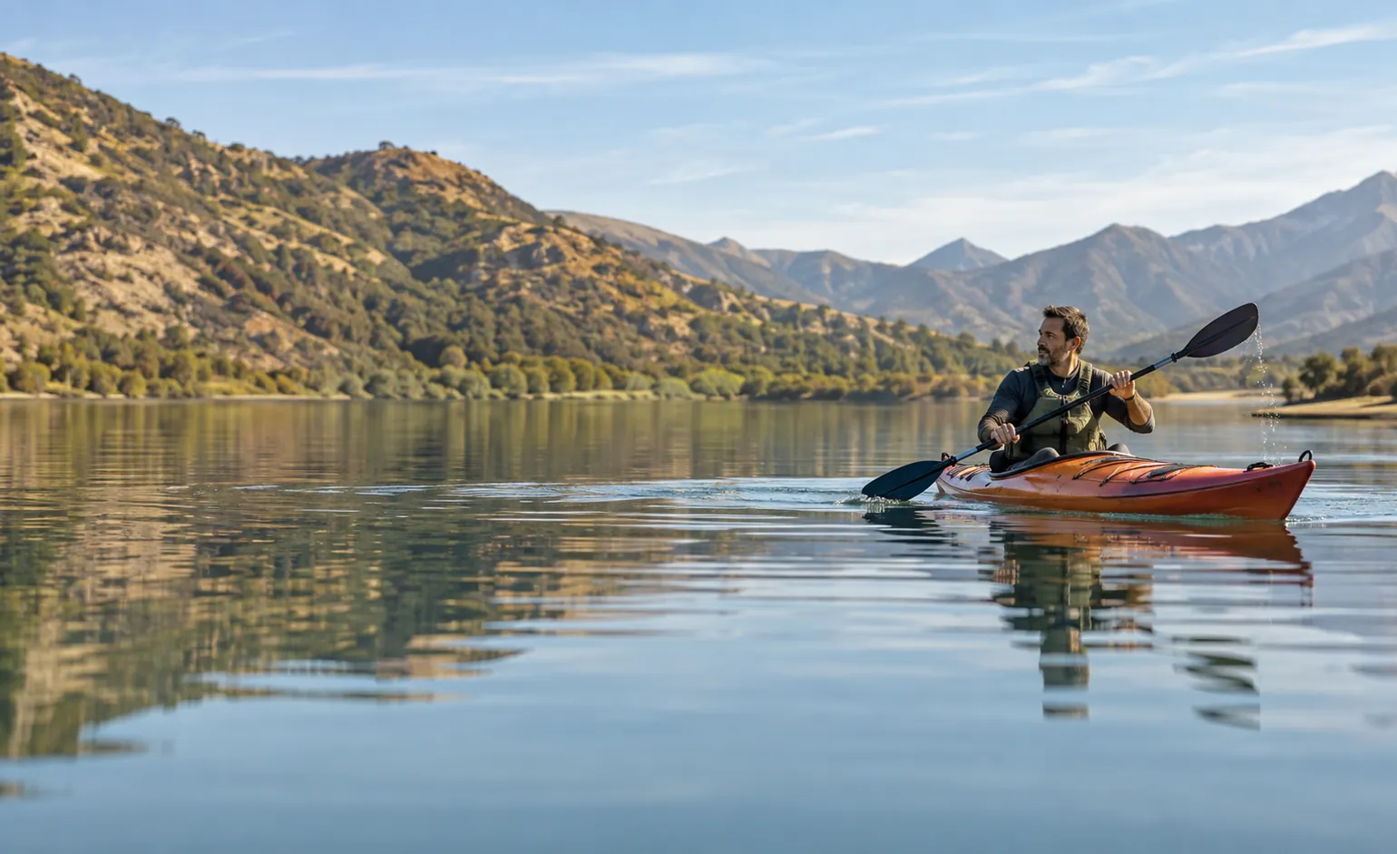 Un hombre rema en kayak en un lago tranquilo, entre cerros.
