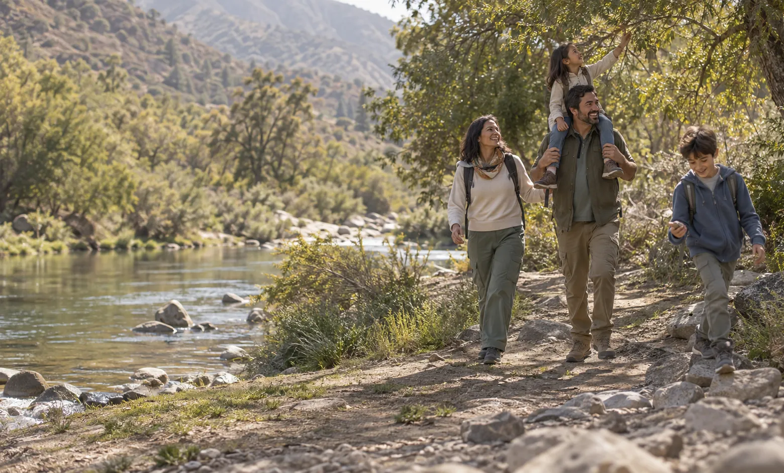 Una familia de cuatro camina por un sendero junto a un río.